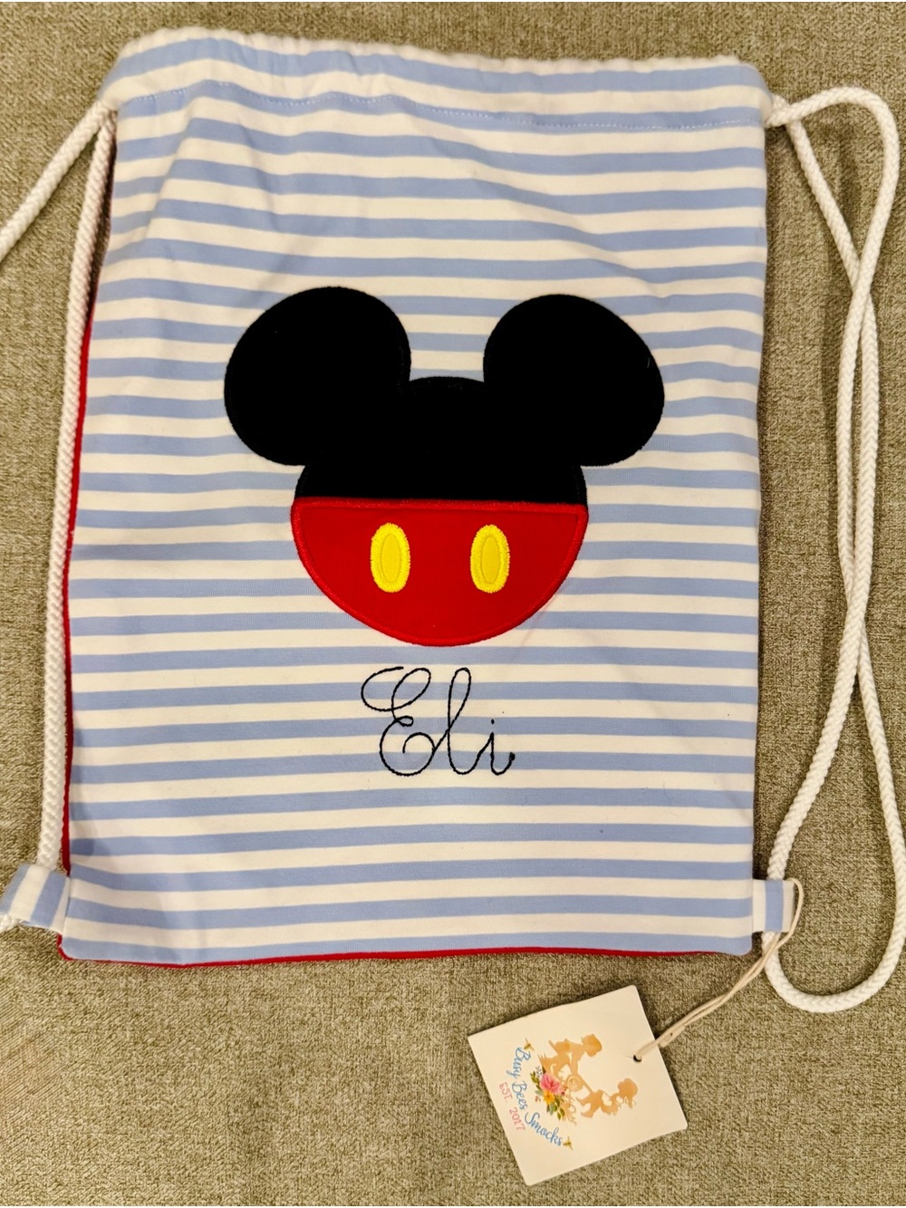 Personalized Kids Drawstring Backpack with Mickey Appliqué - Light Blue/White